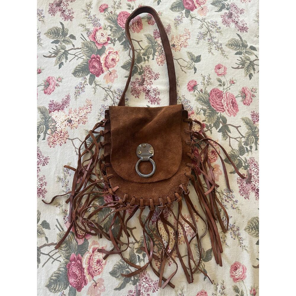 Vintage Suede Fringe Bag Hobo Hippie Brown Purse handmade shoulder bag bohemian